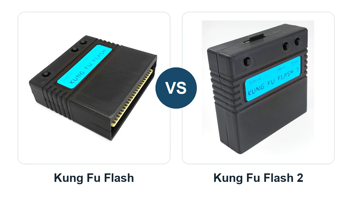 Kung Fu Flash cartridge next to Kung Fu Flash 2 cartridge